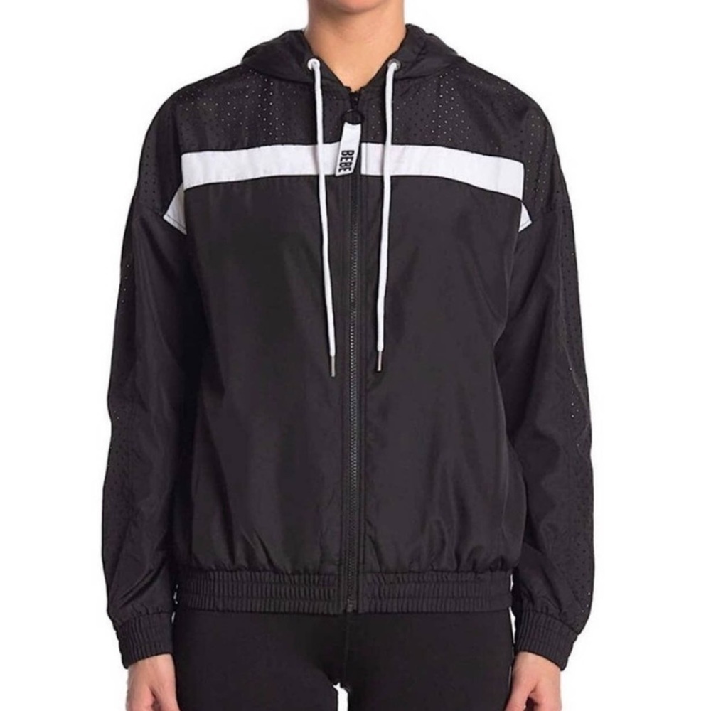Bebe Women's Black Hooded Outdoor Mid Length Classic Wind Breaker Jacket